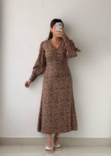 Size XS-S Brown Floral Long Sleeve Maxi Dress