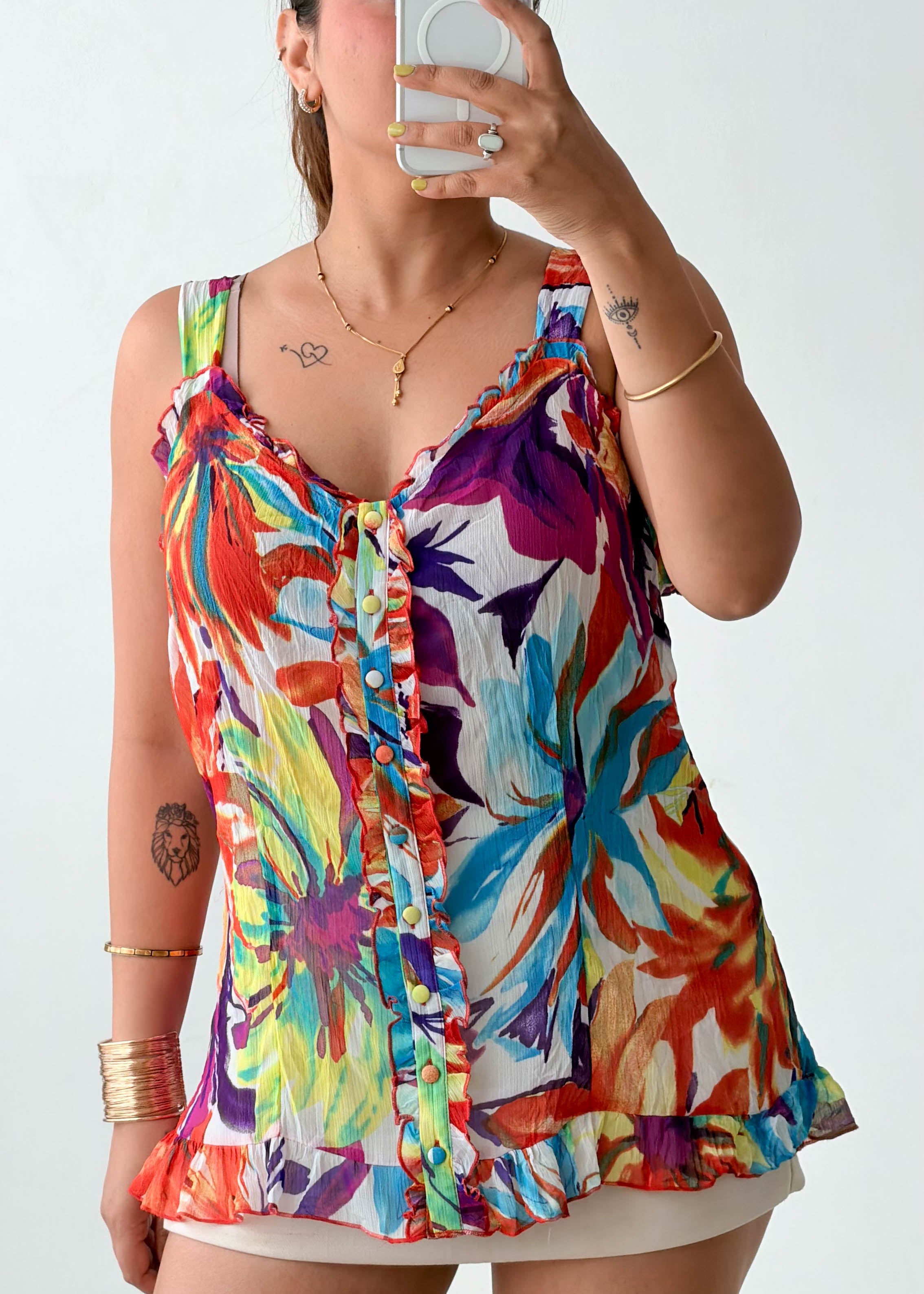 Size L-XL Multicolor Floral Ruffle Cami Top