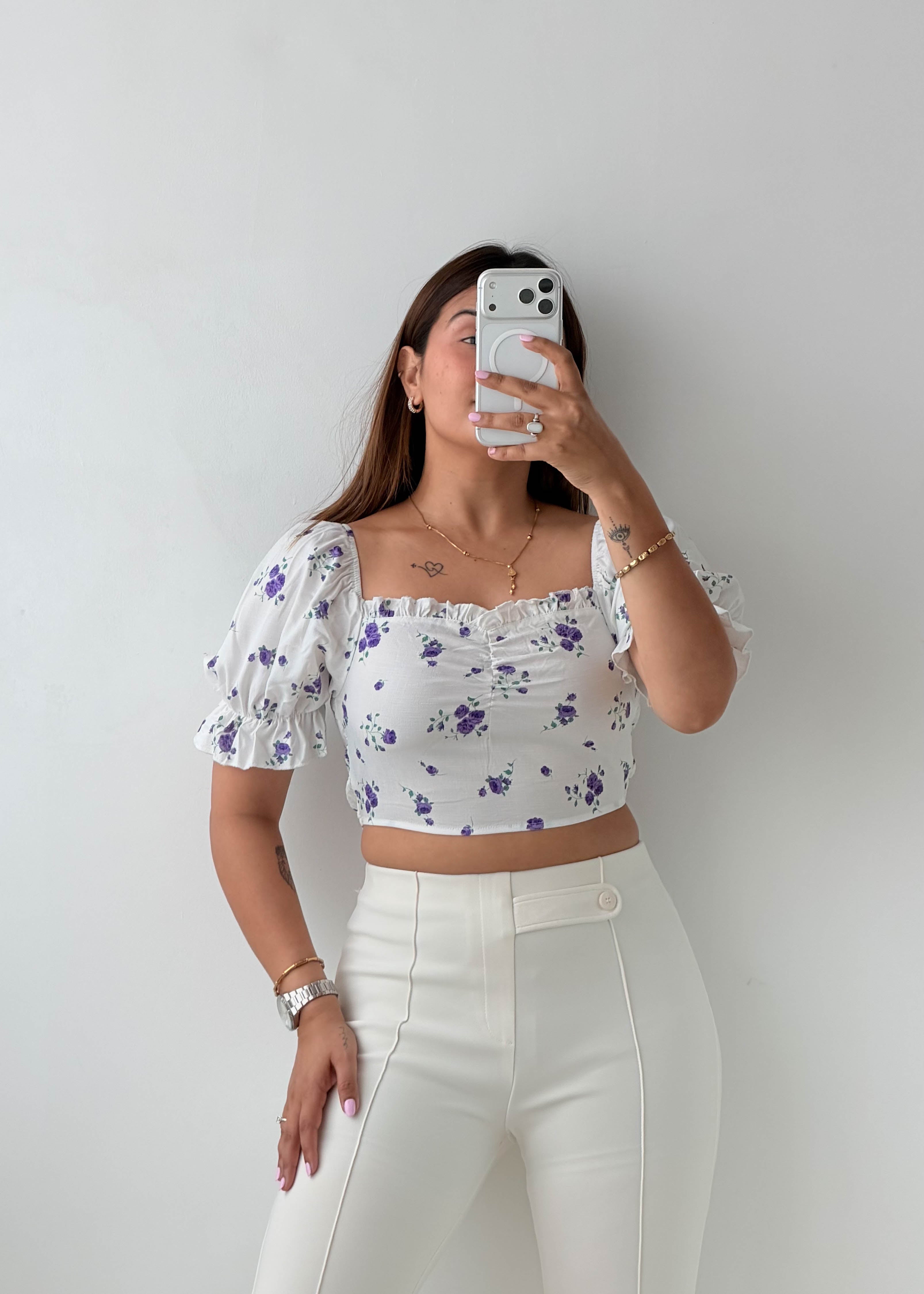 Size XS-S White Purple Floral Smocked Crop Top