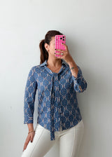 Size XS-S Blue Printed Tie-Neck Shirt Top