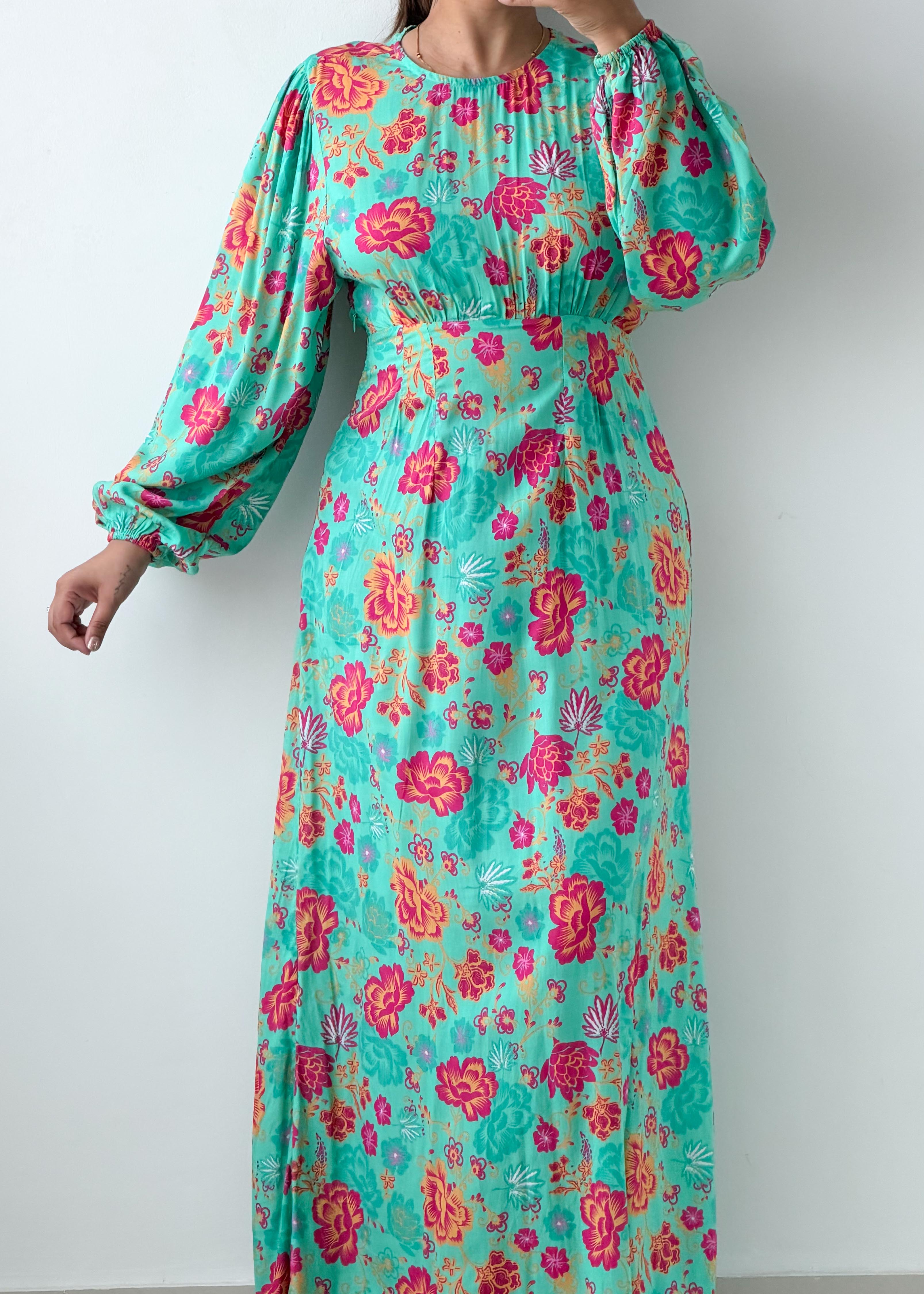 Size XS-S Aqua Floral Print Maxi Dress