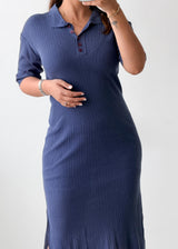 Size M-L Slate Blue Ribbed Polo Midi Dress