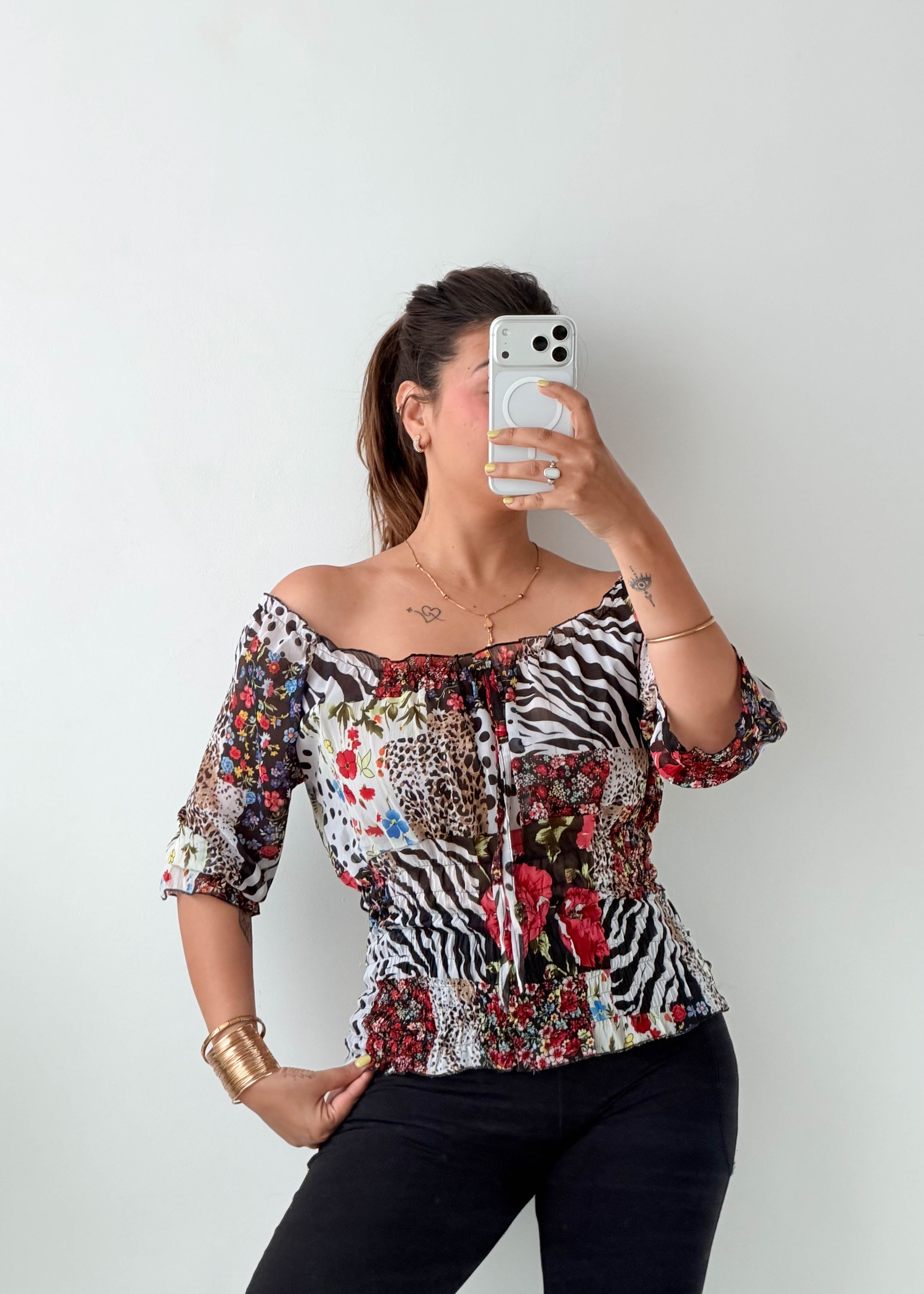 Size S-M Multicolor Patchwork Off-Shoulder Top