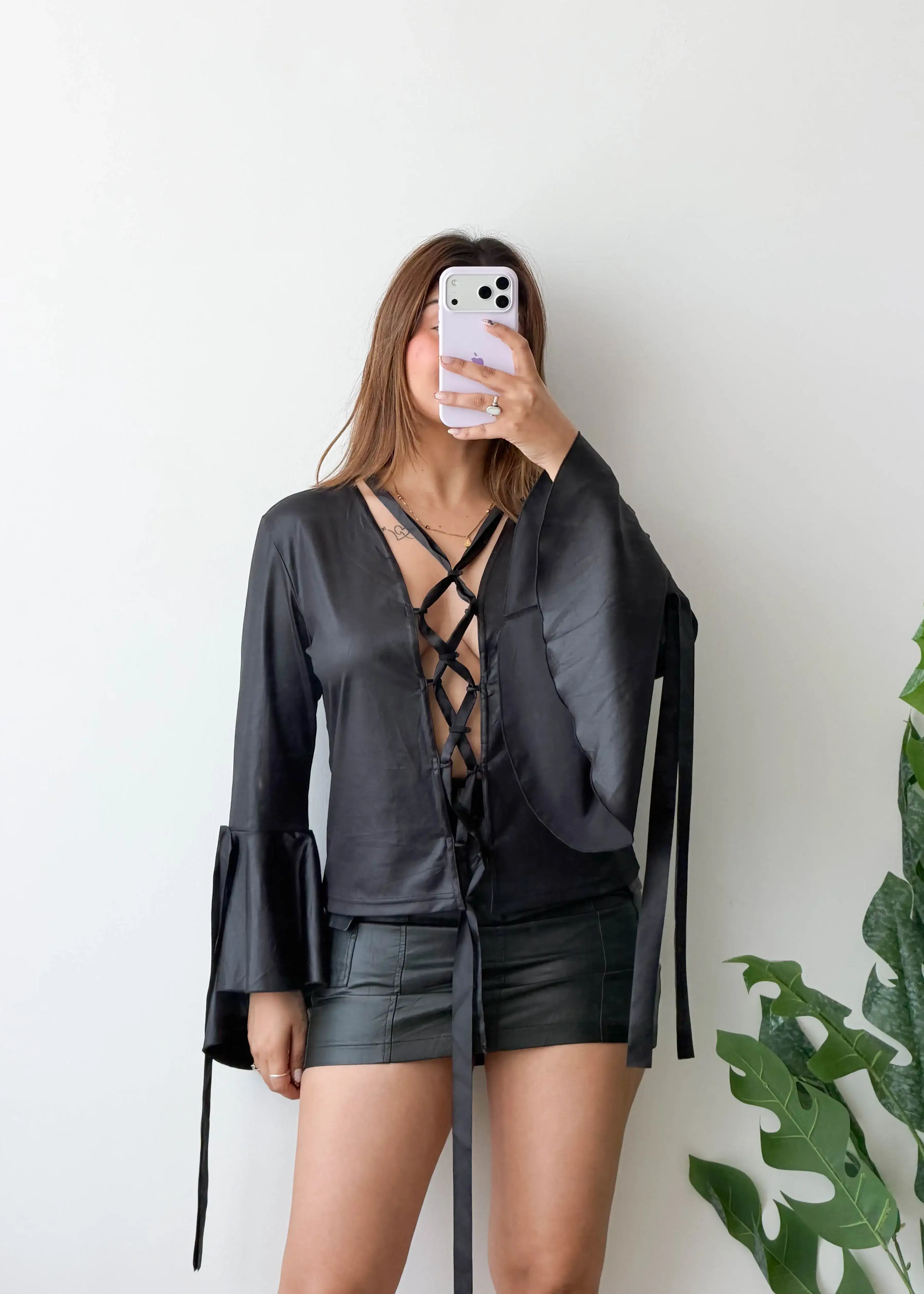 Size S-M, Black Lace-Up Statement Top
