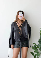Size S-M, Black Lace-Up Statement Top