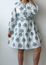S-M White Blue Printed Smocked Mini Dress