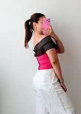 Size XS Black & Pink Mesh Off-Shoulder Top