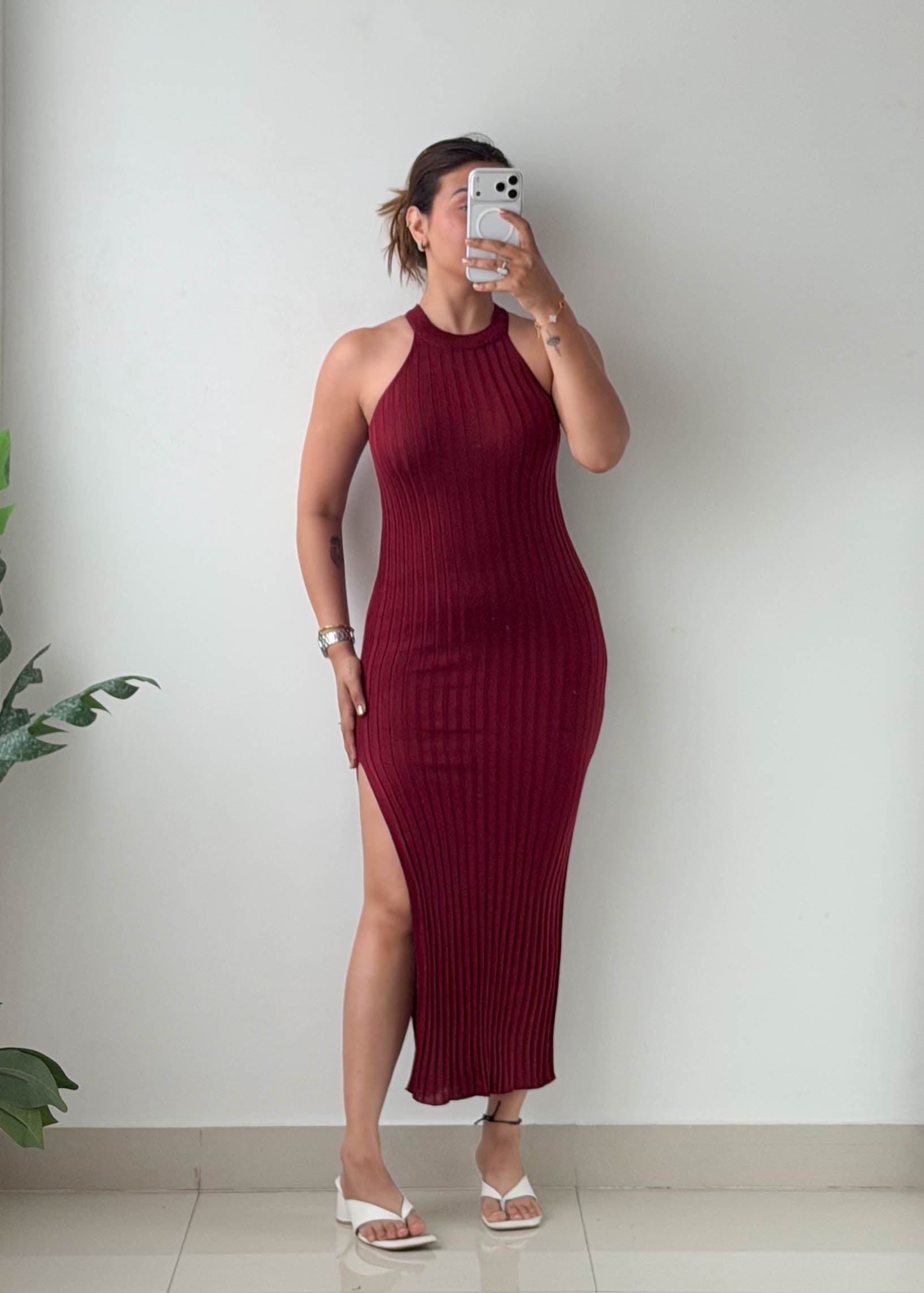 Size XS-S Burgundy Ribbed Halter Neck Maxi Dress