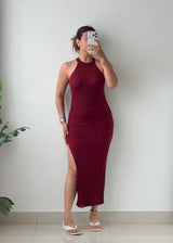 Size XS-S Burgundy Ribbed Halter Neck Maxi Dress