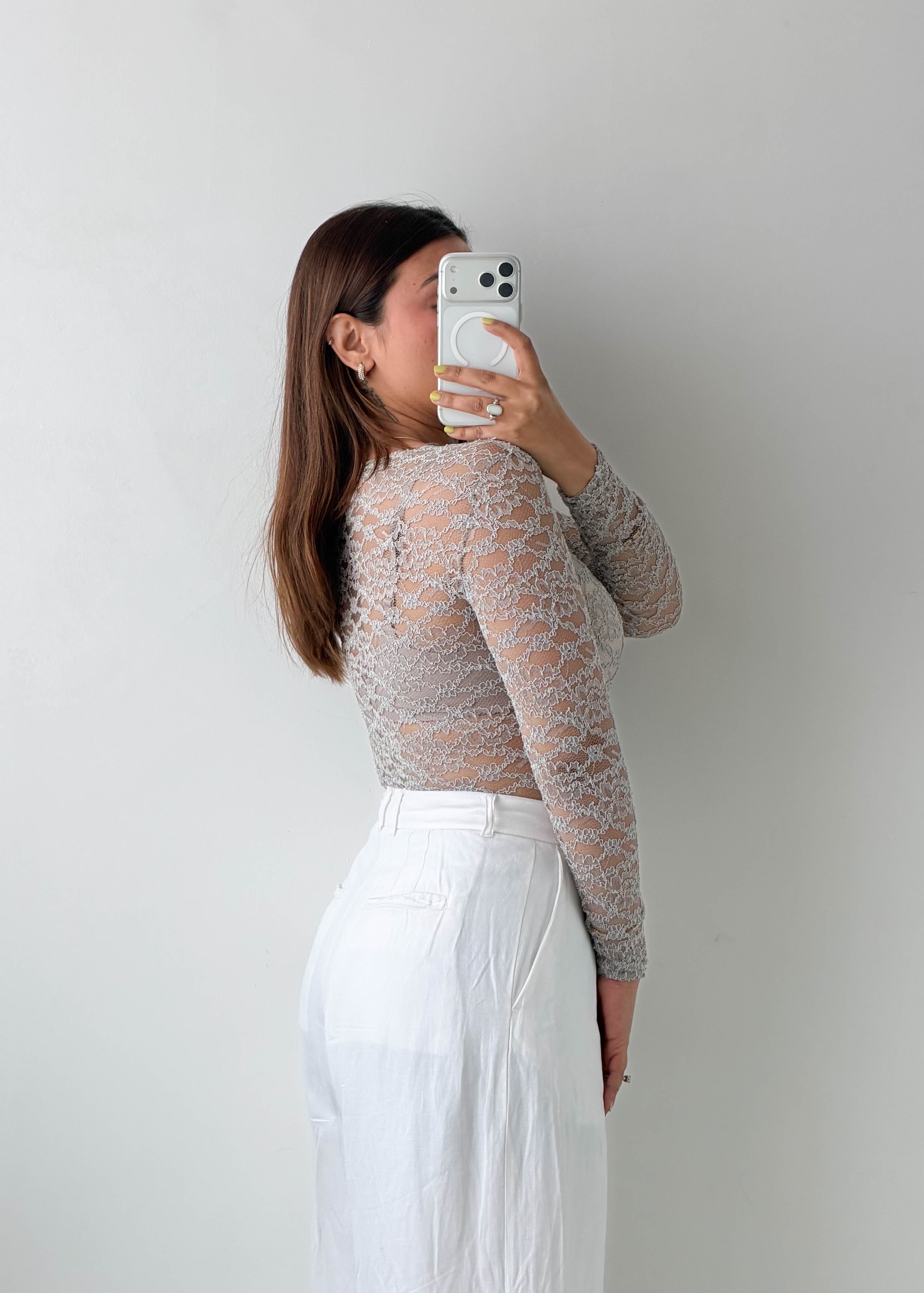 Size XS-S Grey Floral Lace Bodysuit