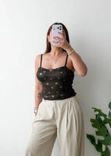 Size S-M, Black Sheer Heart Mesh Top