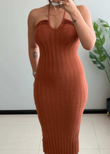 SIZE XS-S, Rust Ribbed Halter Bodycon Midi Dress - Closet by Payal