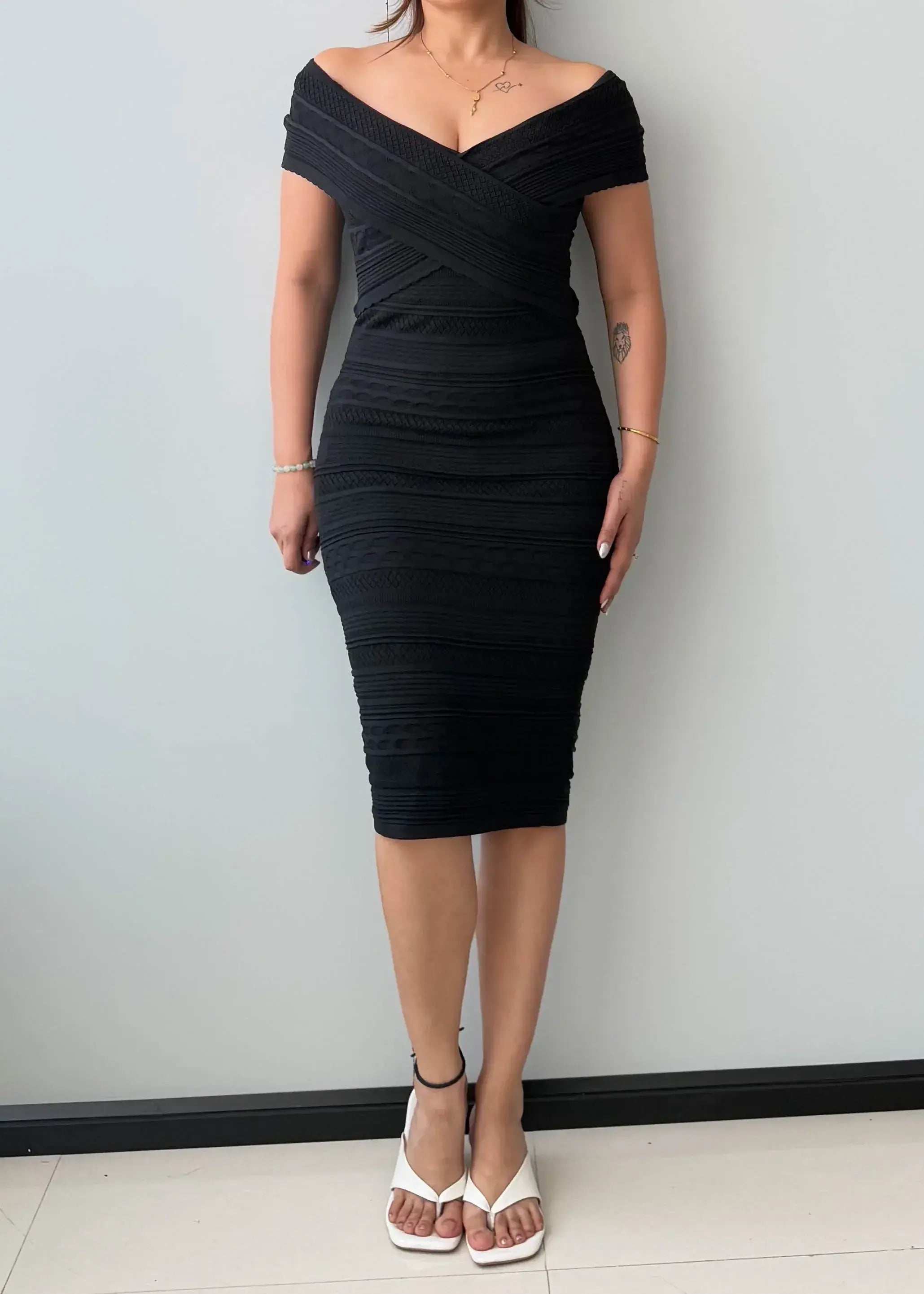 Size XS-S, Black Off-Shoulder Ruched Midi Dress - Closet by Payal