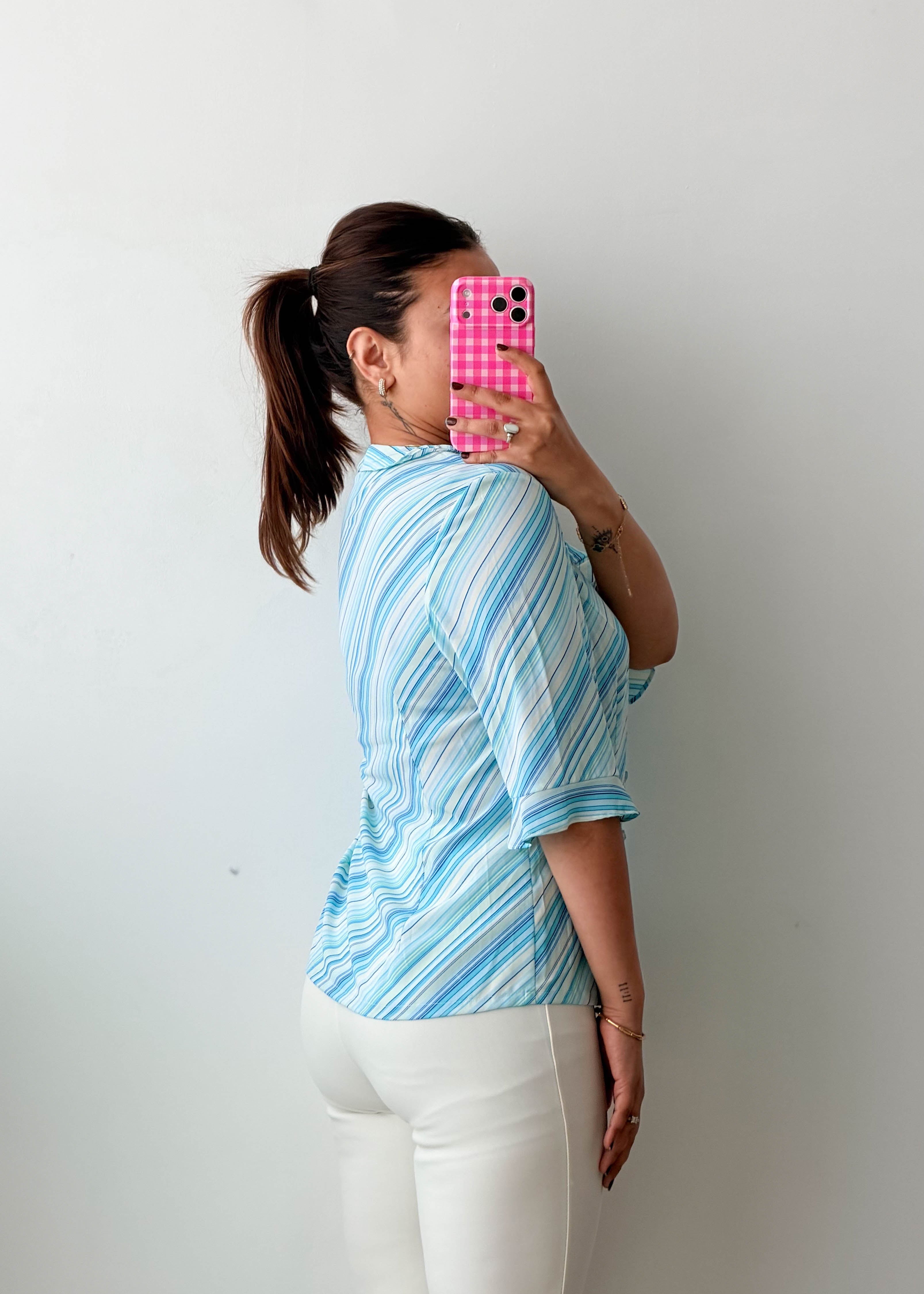 Size S-M Sky Blue Striped Tie-Neck Blouse