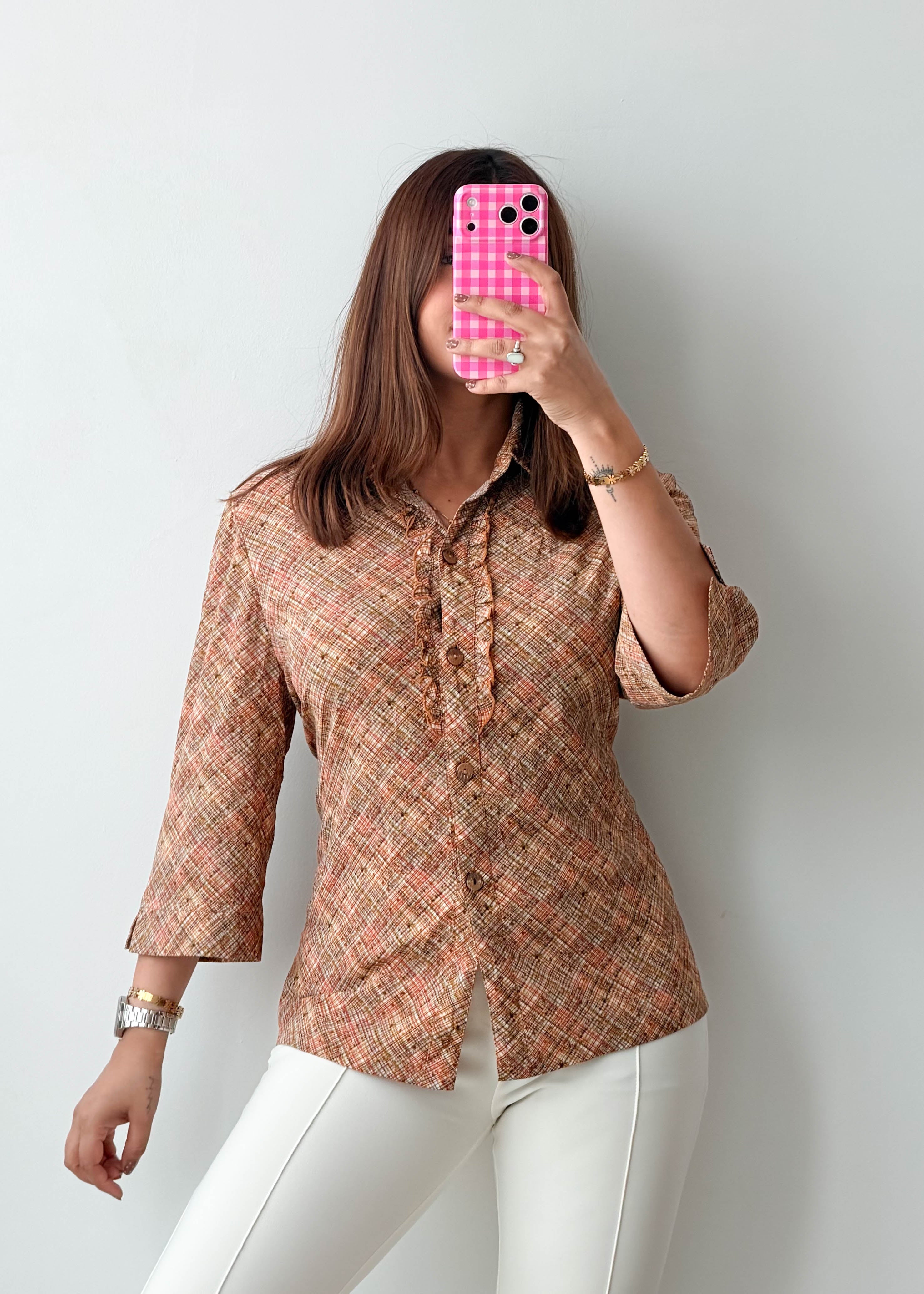 Size M-L Beige Brown Textured Shirt Top