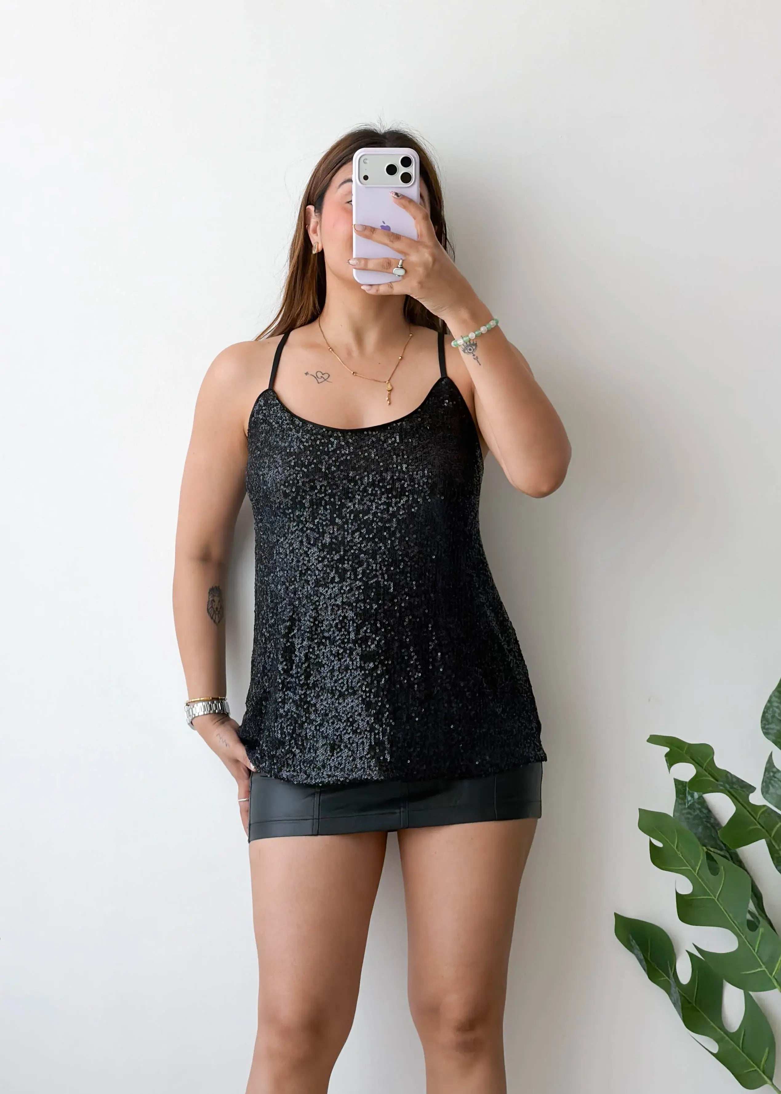 Size L-XL, Black Sequin Camisole Top