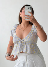 Size S-M Blue Floral Tie Front Top