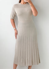 Size L-XL Ivory Ribbed Pleated Midi Dress