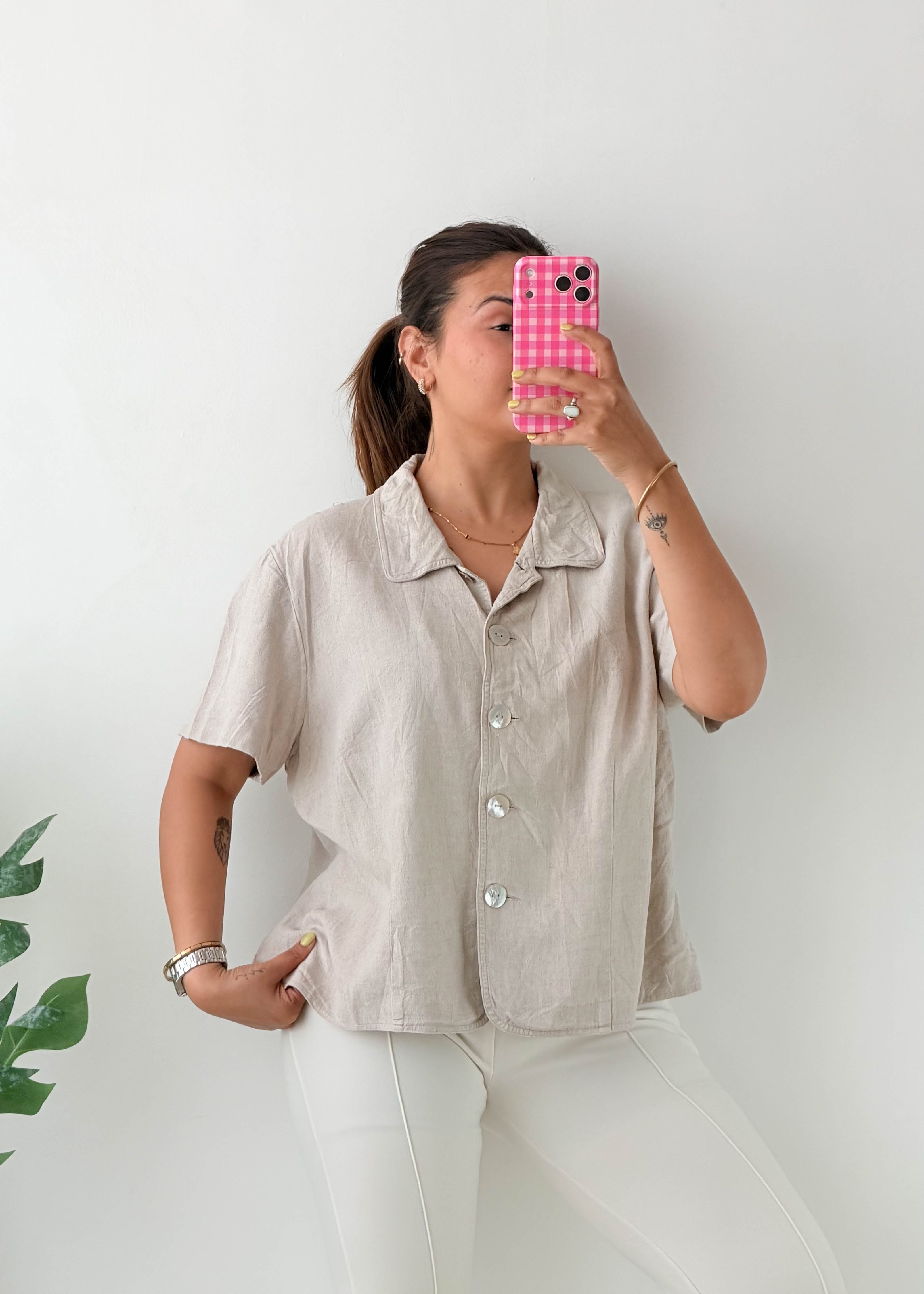 Size M-L Beige Linen Blend Short Sleeve Shirt
