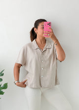 Size M-L Beige Linen Blend Short Sleeve Shirt