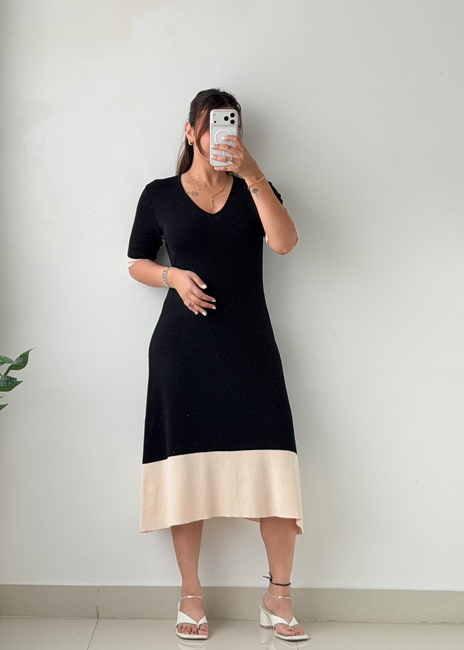 S-M Black & Cream Colorblock Midi Dress