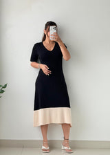 S-M Black & Cream Colorblock Midi Dress