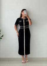 Size M-L Black Contrast Trim Pleated Knit Maxi Dress