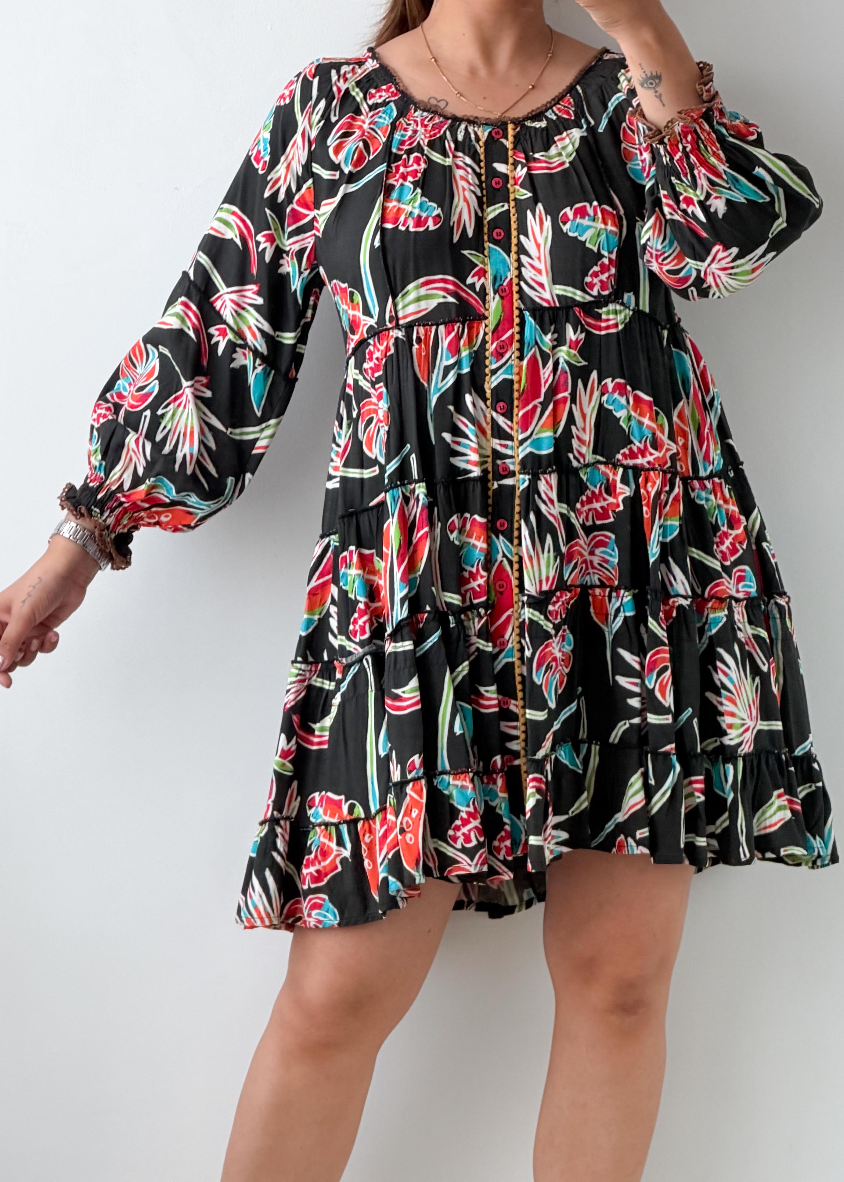 Size S-M Black Tropical Print Tiered Mini Dress