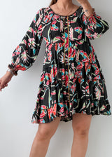 Size S-M Black Tropical Print Tiered Mini Dress