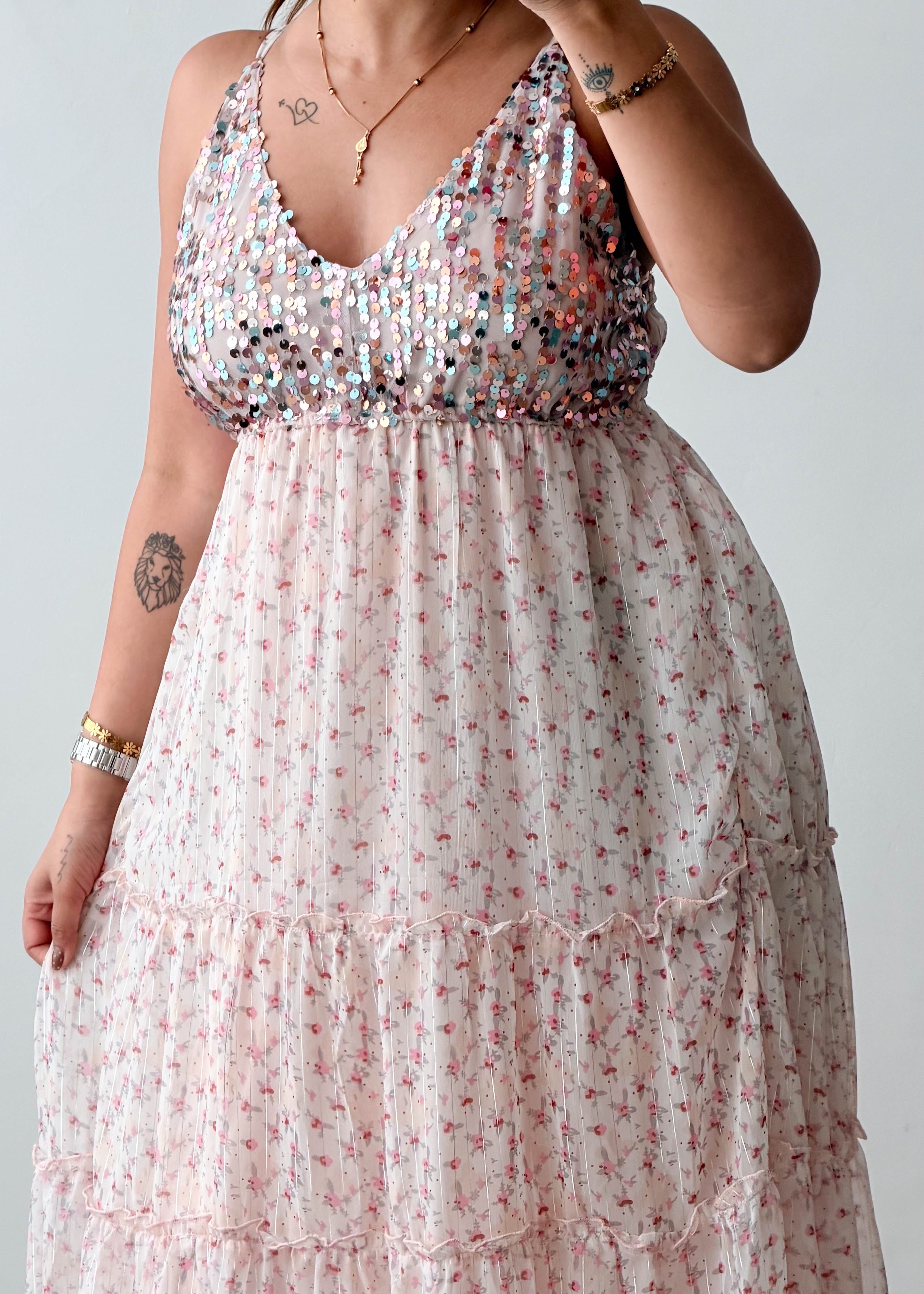 Size M-L Blush Pink Floral Tiered Maxi Dress