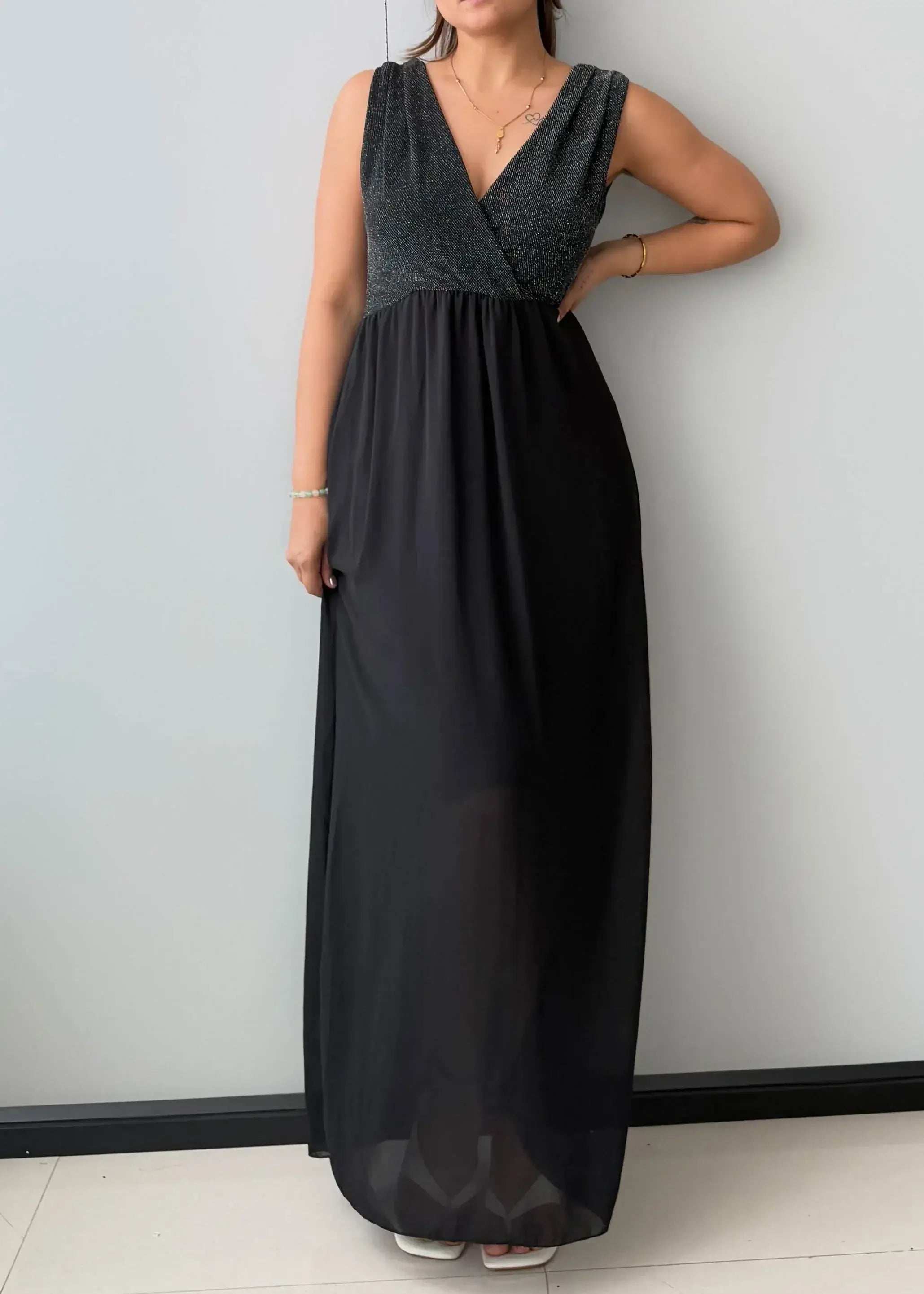 Size M-L, Black V-Neck Chiffon Maxi Dress - Closet by Payal