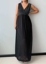 Size M-L, Black V-Neck Chiffon Maxi Dress - Closet by Payal
