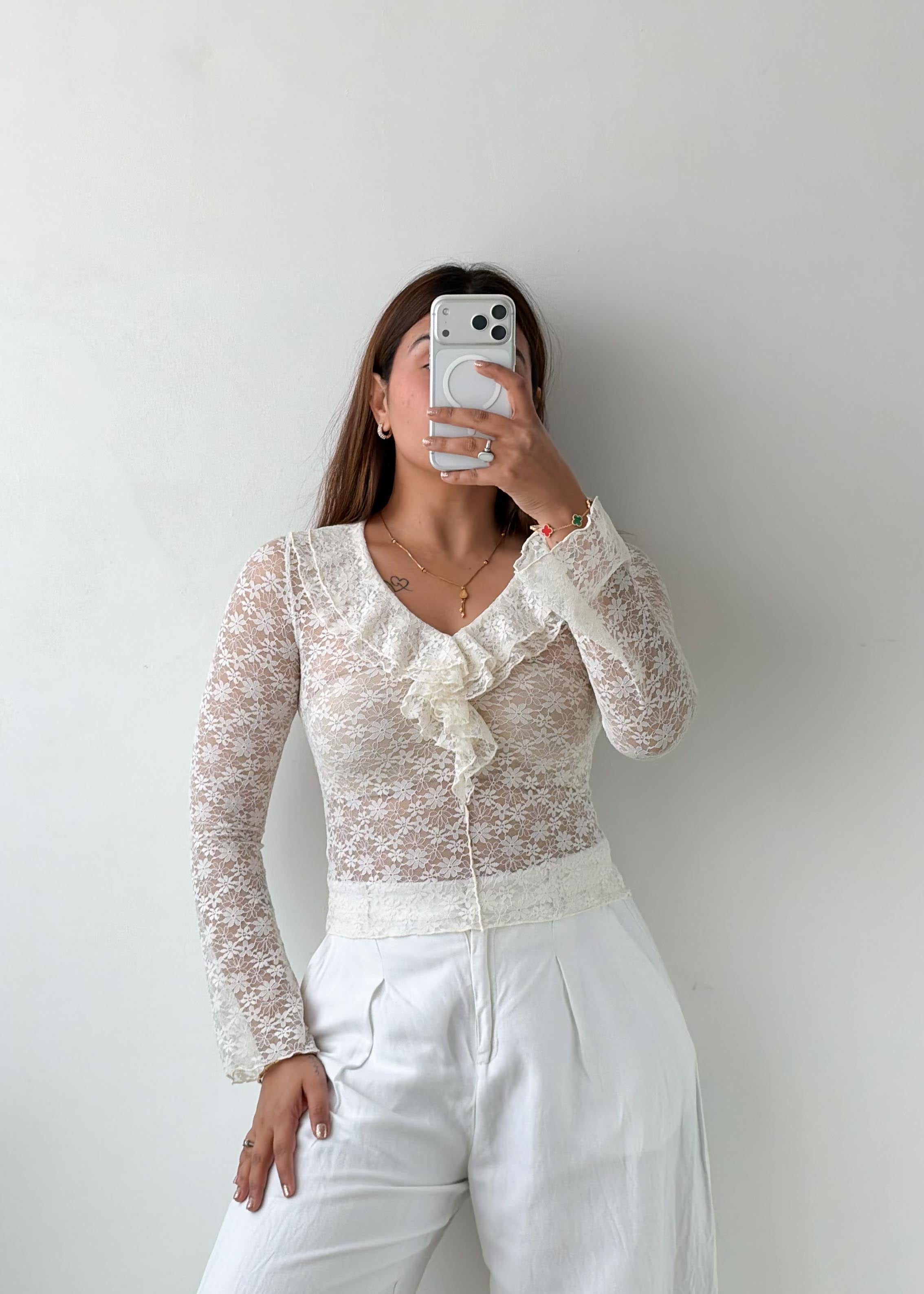 Size XS-S White Floral Lace Ruffle Top