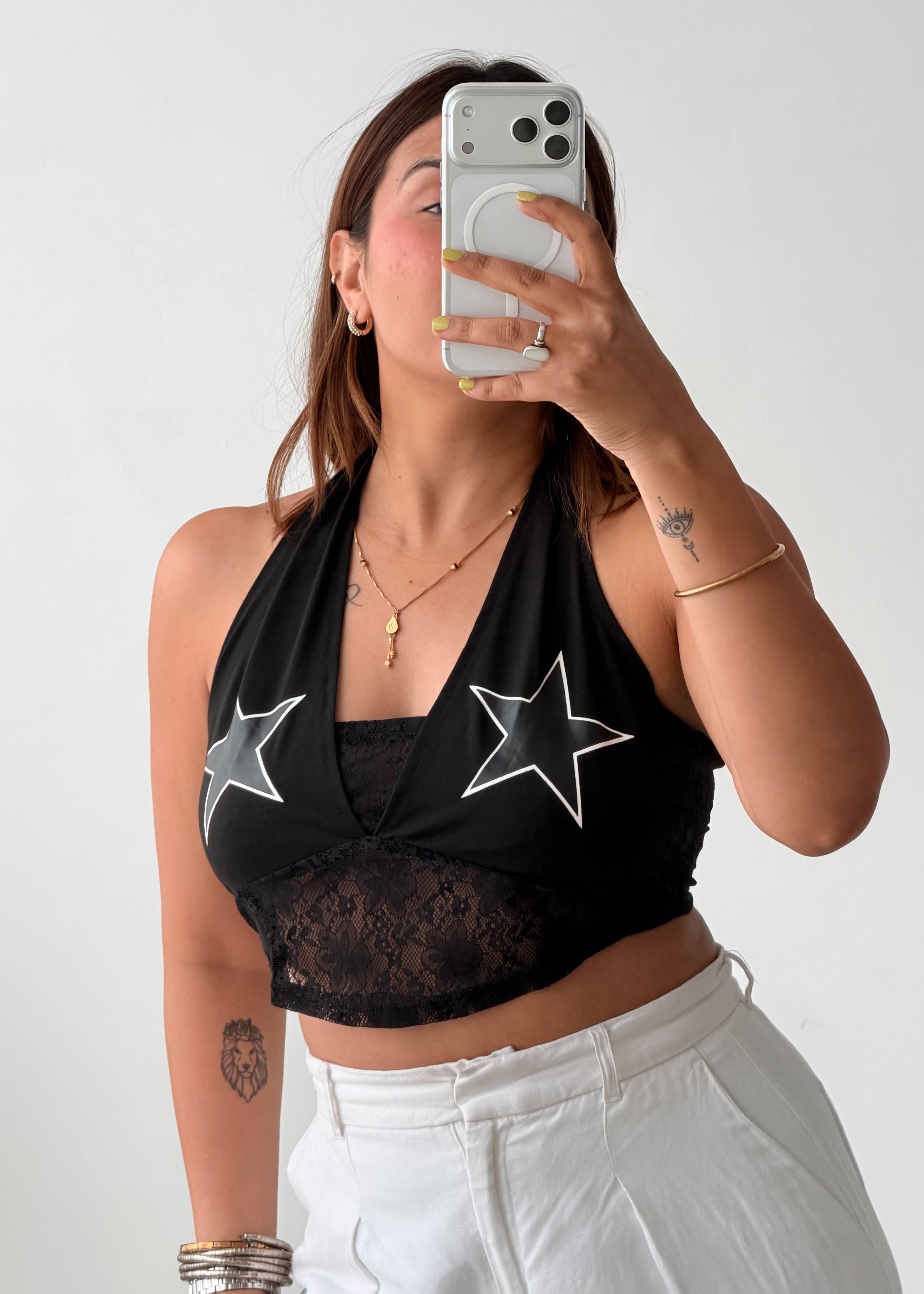 Size M-L Black Star Lace Halter Top
