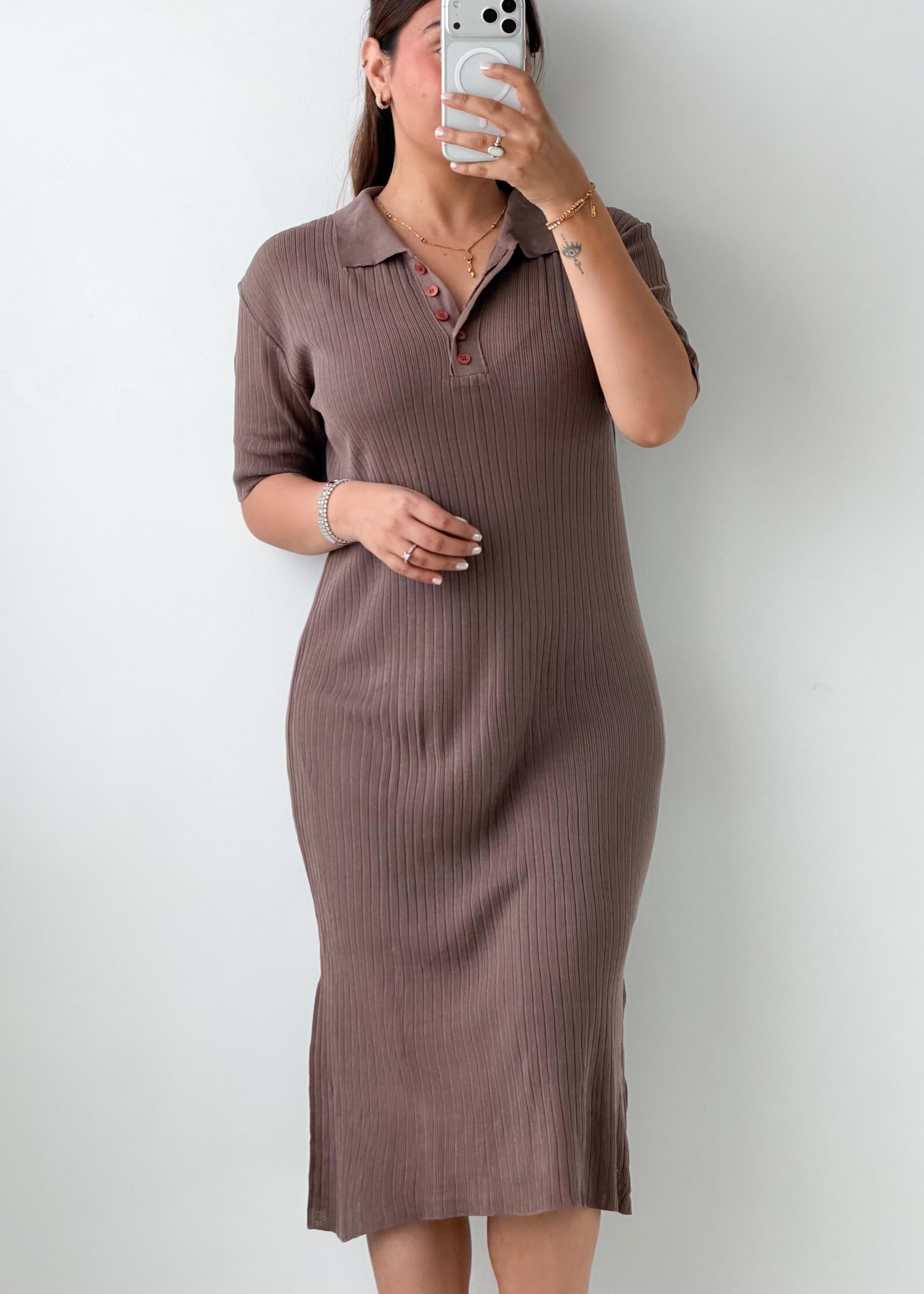 Size M-L Mocha Ribbed Polo Midi Dress