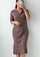 Size M-L Mocha Ribbed Polo Midi Dress