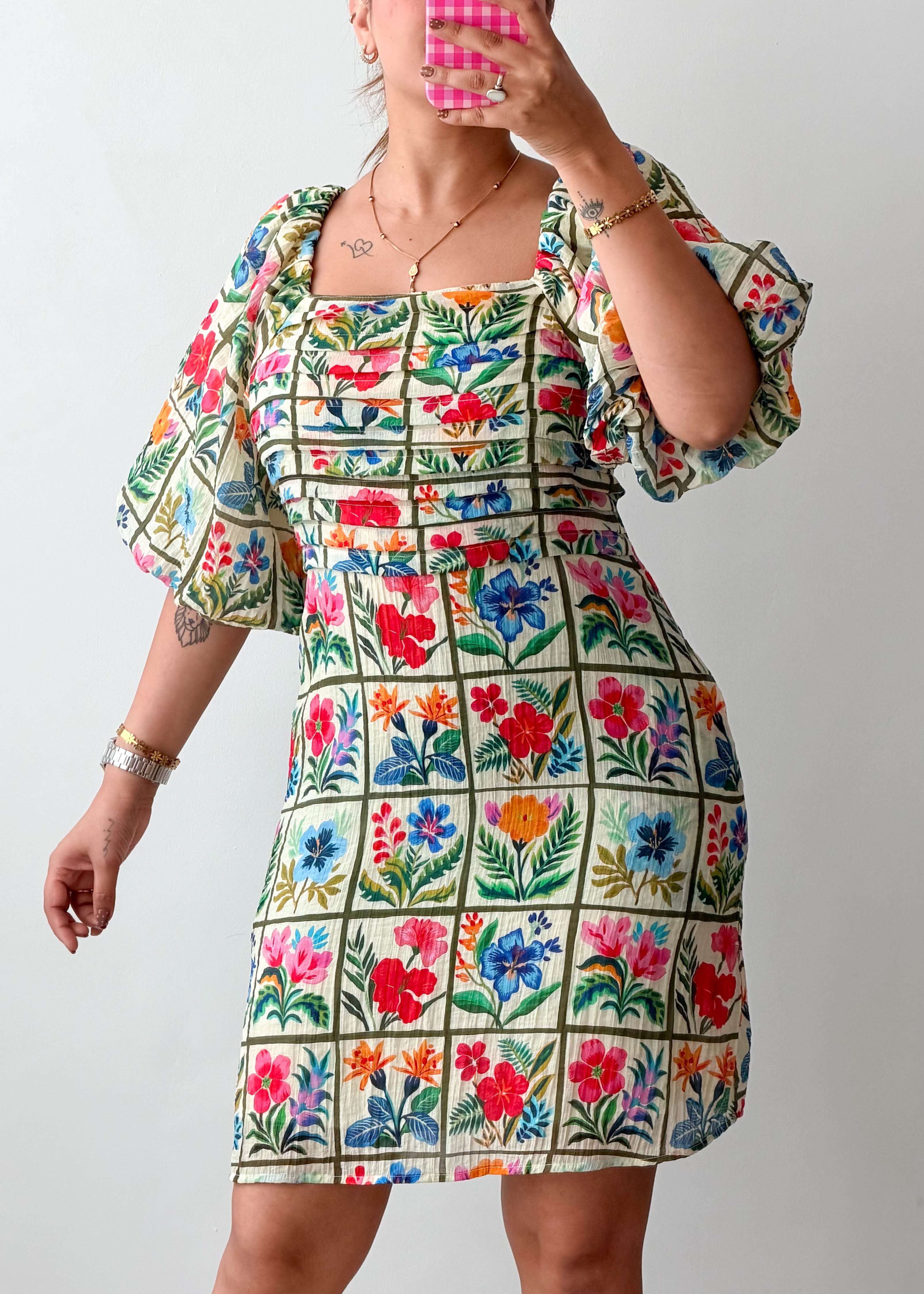 Size XXL Multicolor Floral Grid Print Puff Sleeve Dress