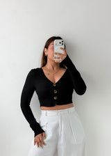 Size XS-S Black Button Front Ribbed Crop Top