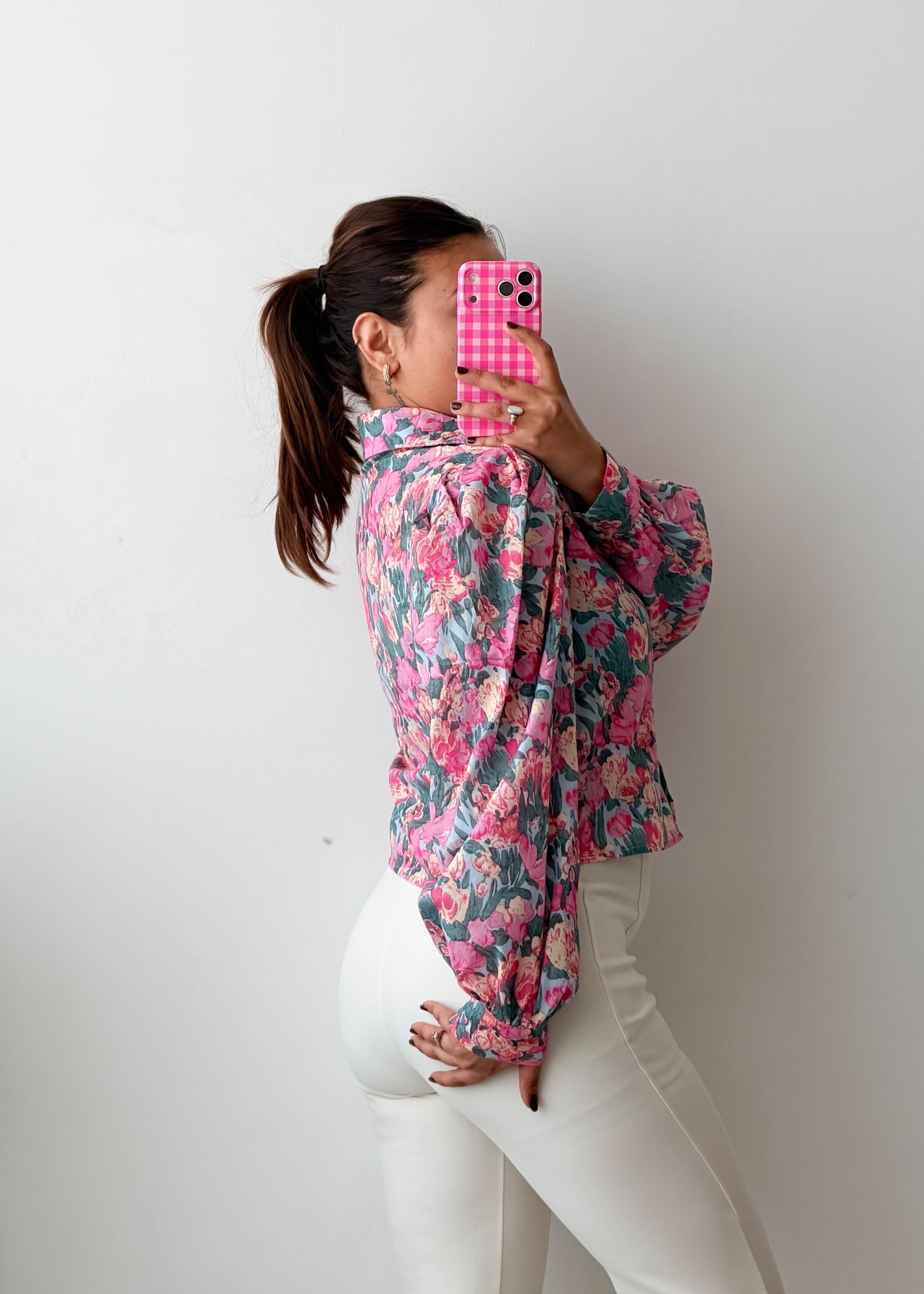 Size XS-S Pink Floral Puff Sleeve Chiffon Crop Top