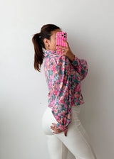 Size XS-S Pink Floral Puff Sleeve Chiffon Crop Top