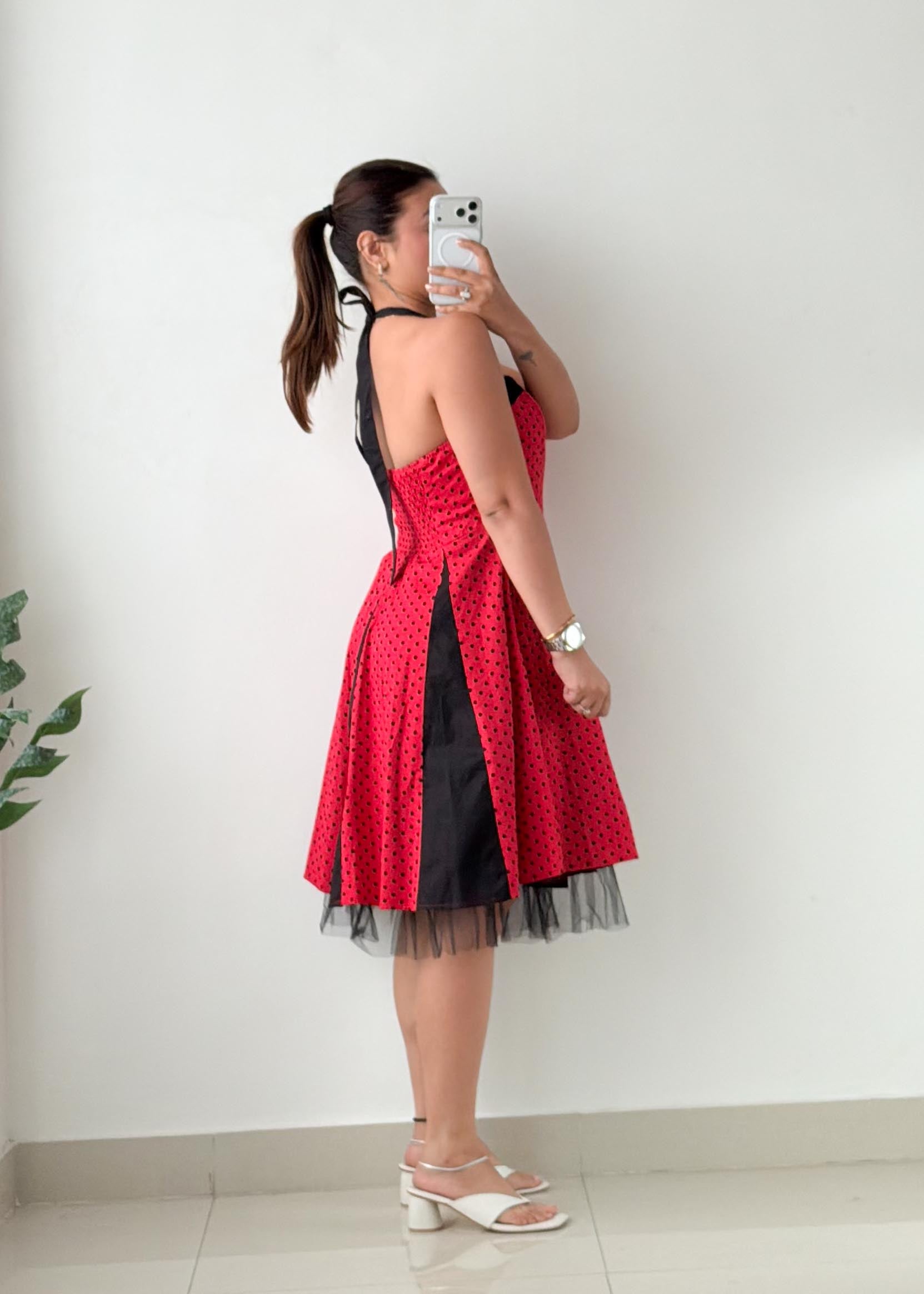 Size S-M Red & Black Polka Dot Fit & Flare Midi Dress