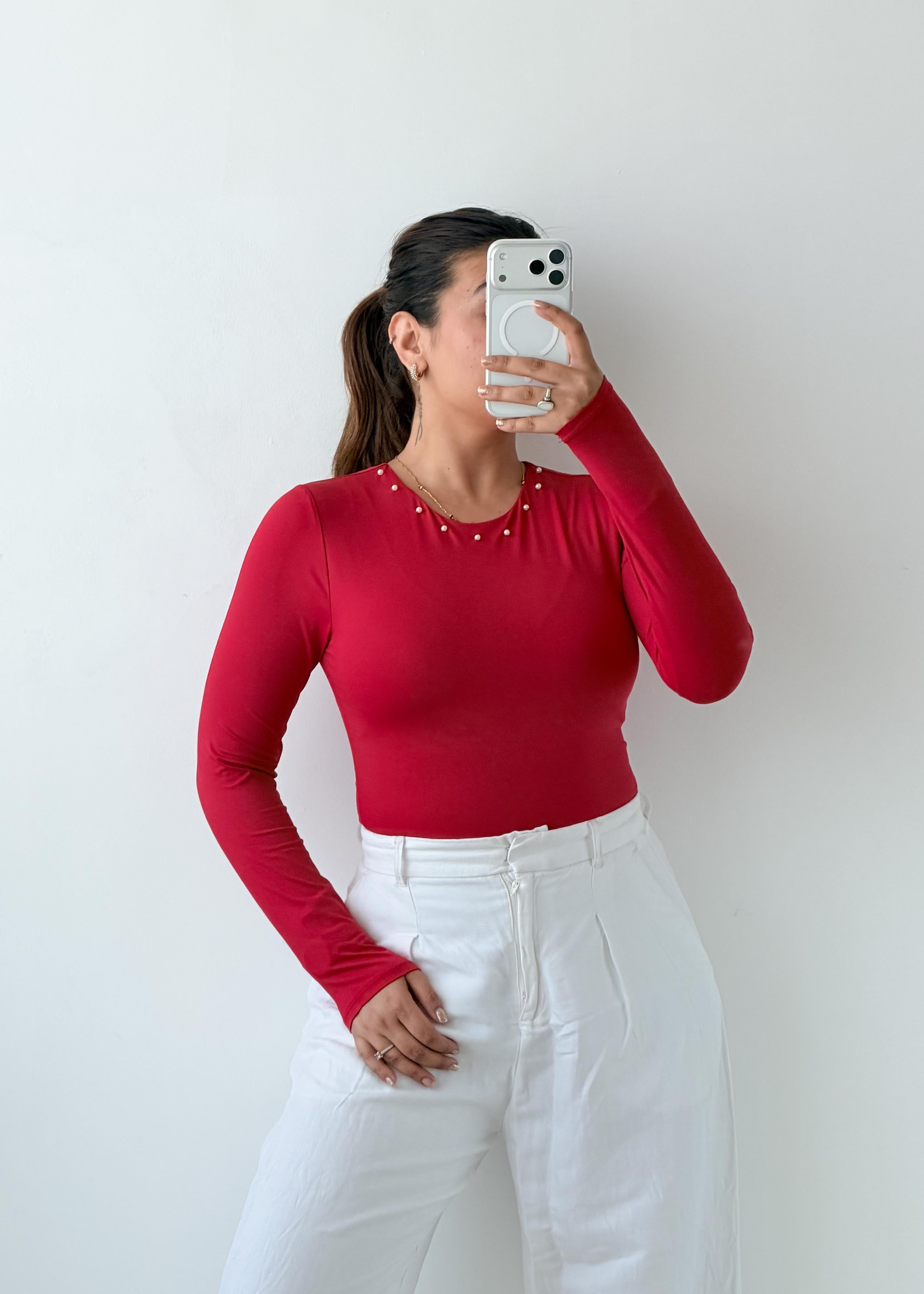 Size M Cherry Red Long Sleeve Bodysuit
