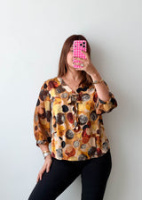 Size S-M Brown Abstract Circle Tie-Neck Blouse