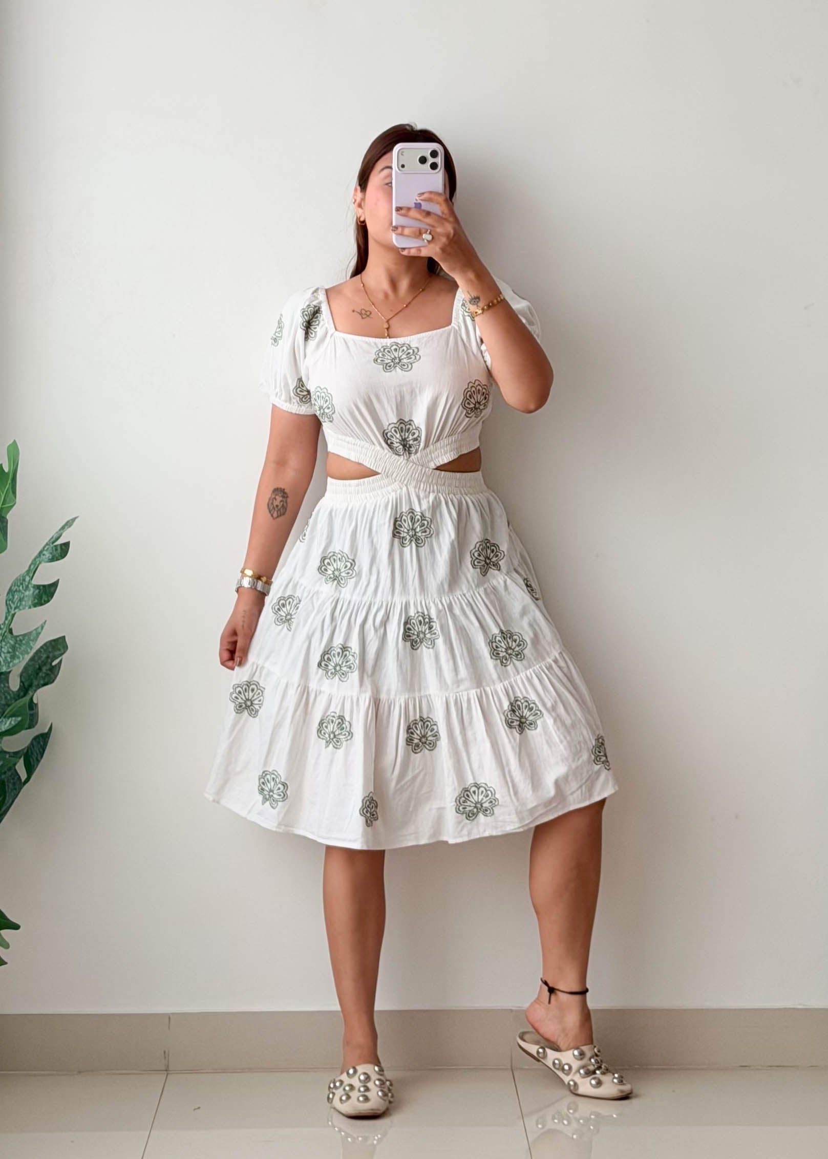 Size S-M White Printed Cut-Out Dress