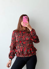 Size S-M Black Red Floral Peplum Top