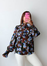 Size S-M Black Blue Floral Ruffle Blouse