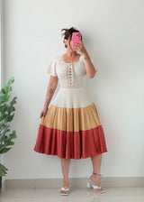Size XS-S Colorblock Tiered Midi Dress