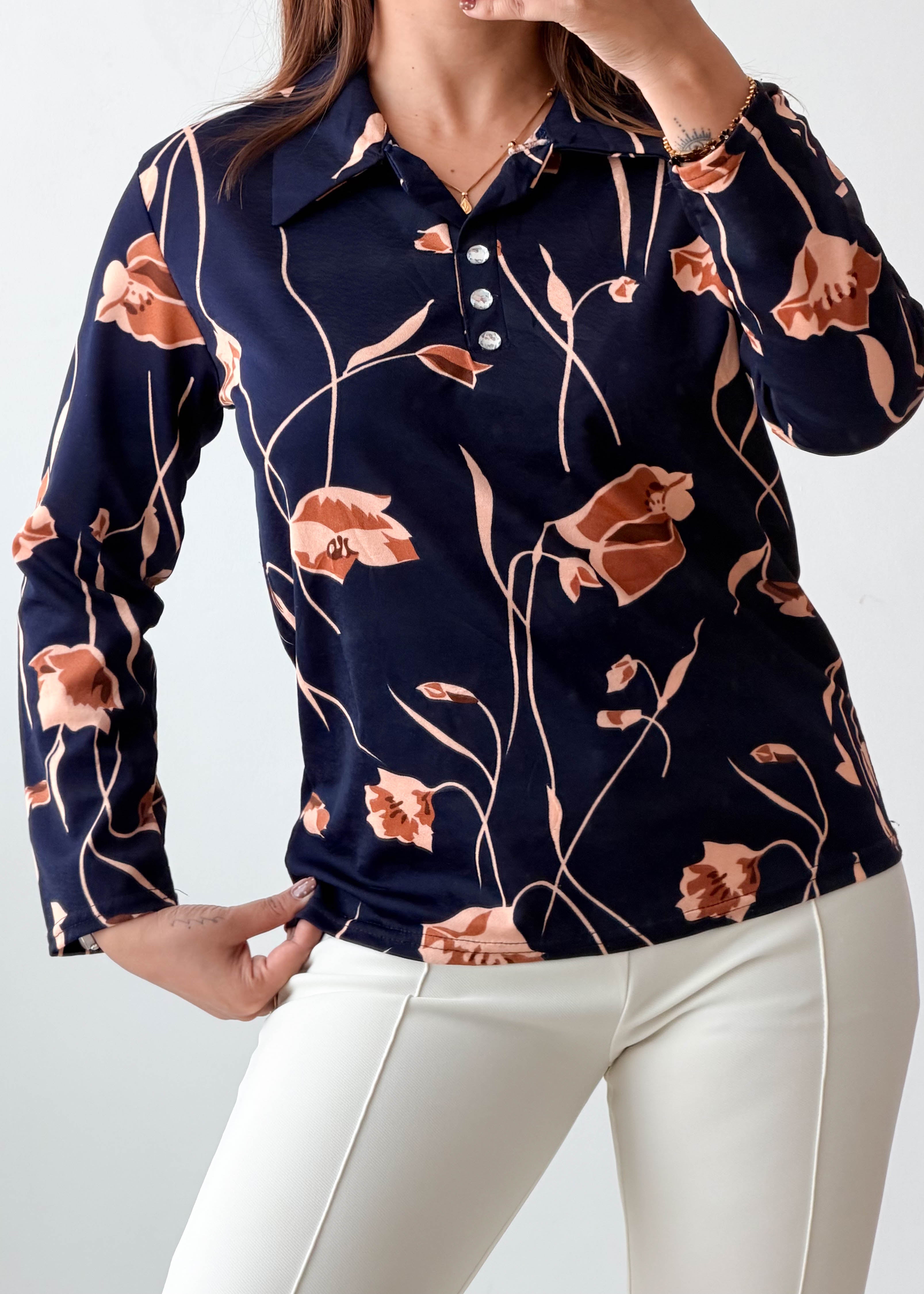 Size S-M Navy Beige Floral Print Shirt Top