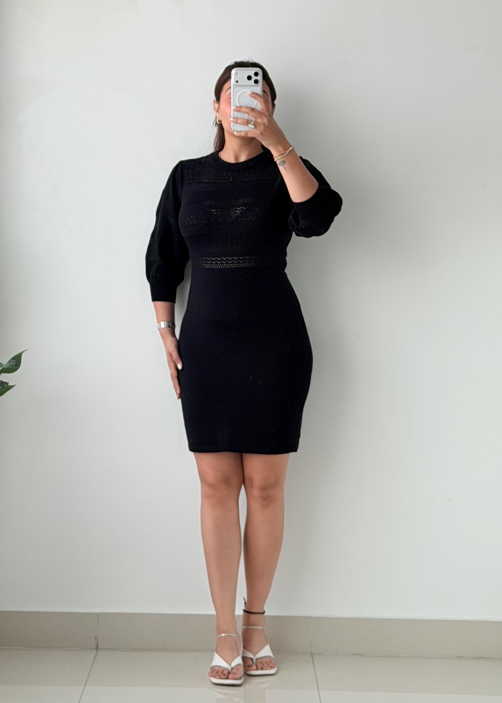 Size M-L Black Ribbed Bodycon Mini Dress