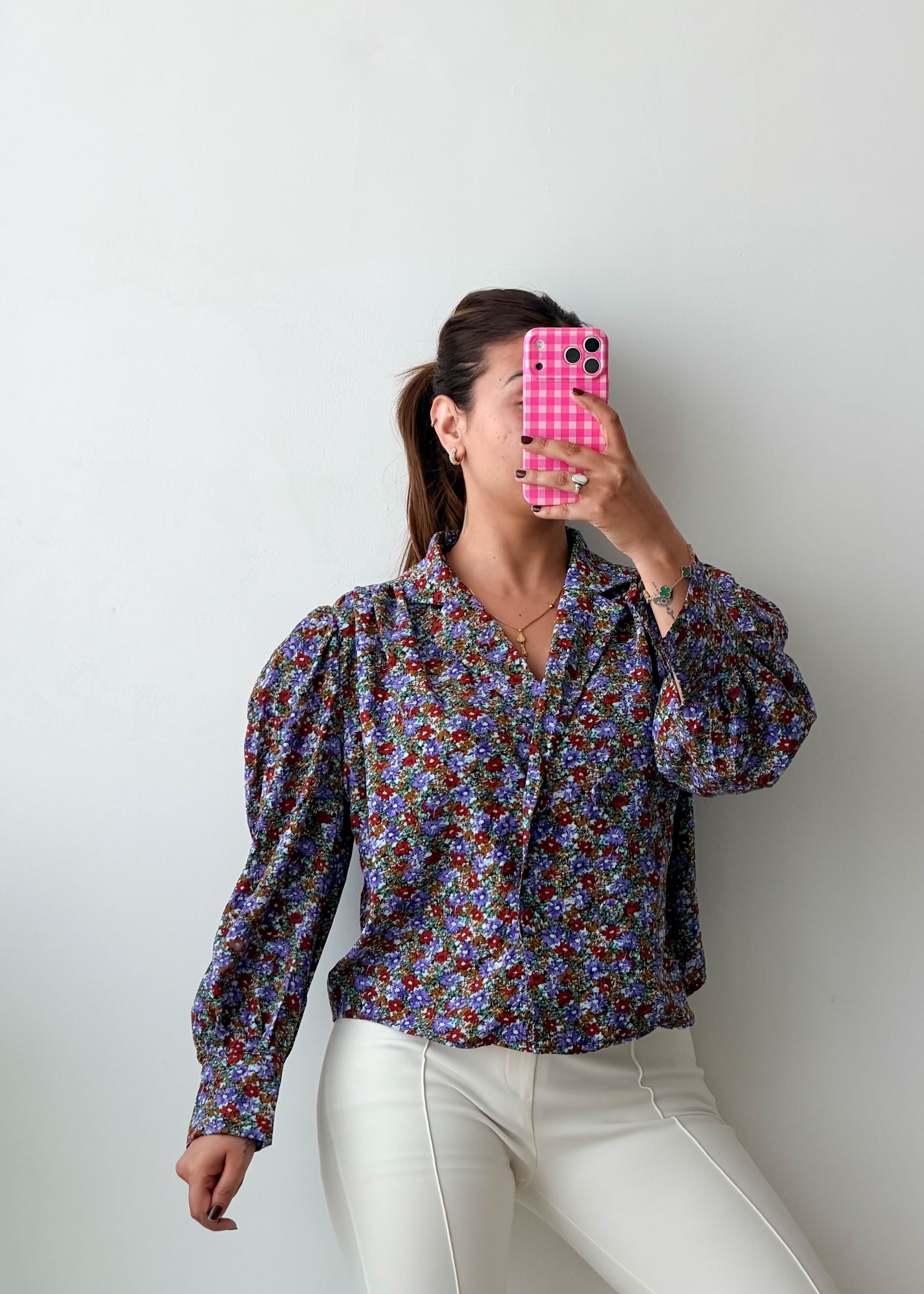 Size M-L Blue Floral Puff Sleeve Shirt Top